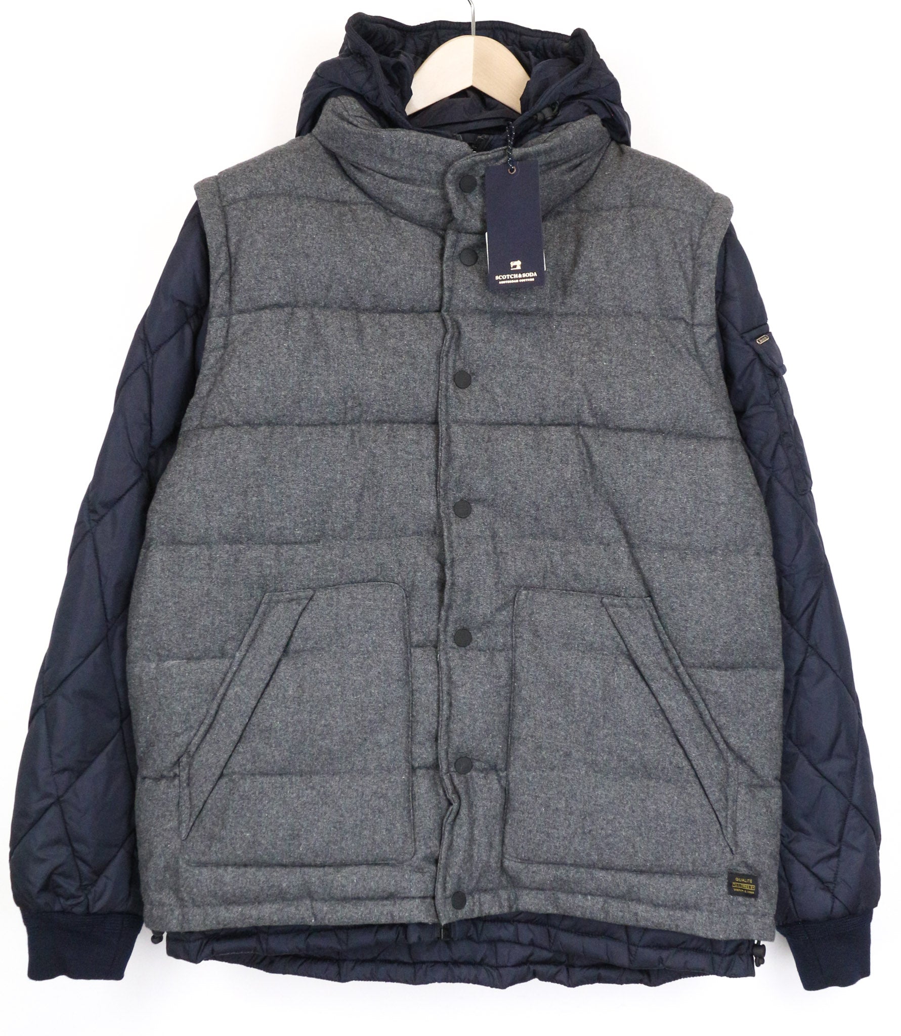 SCOTCH & SODA Ams Couture Men's Jacket XL Grey Blue Wool Blend Hooded Gilet 2in1