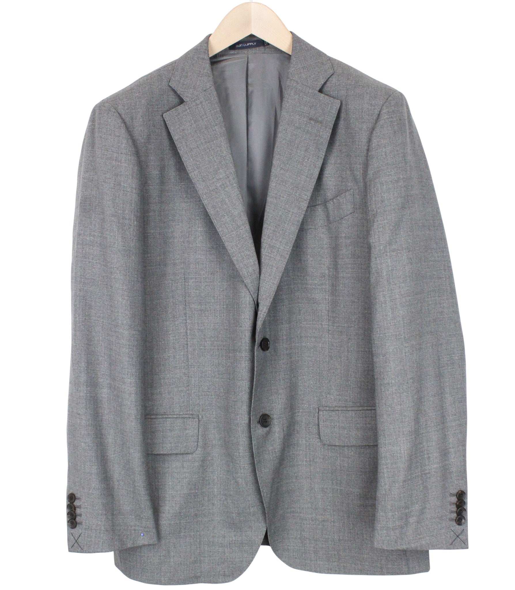 „SUITSUPPLY Lazio“ vyriškas pilkas vilnonis dviejų dalių kostiumas, UK44R, plonas, vienaeilis, oficialus 