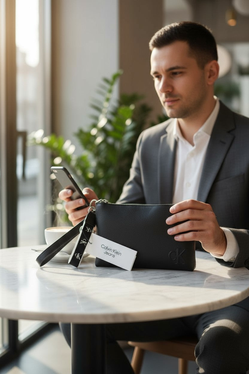 CALVIN KLEIN Make-Up + D-Ring Keyfob Men Bag OS Black Coated Logo Unisex RRP89