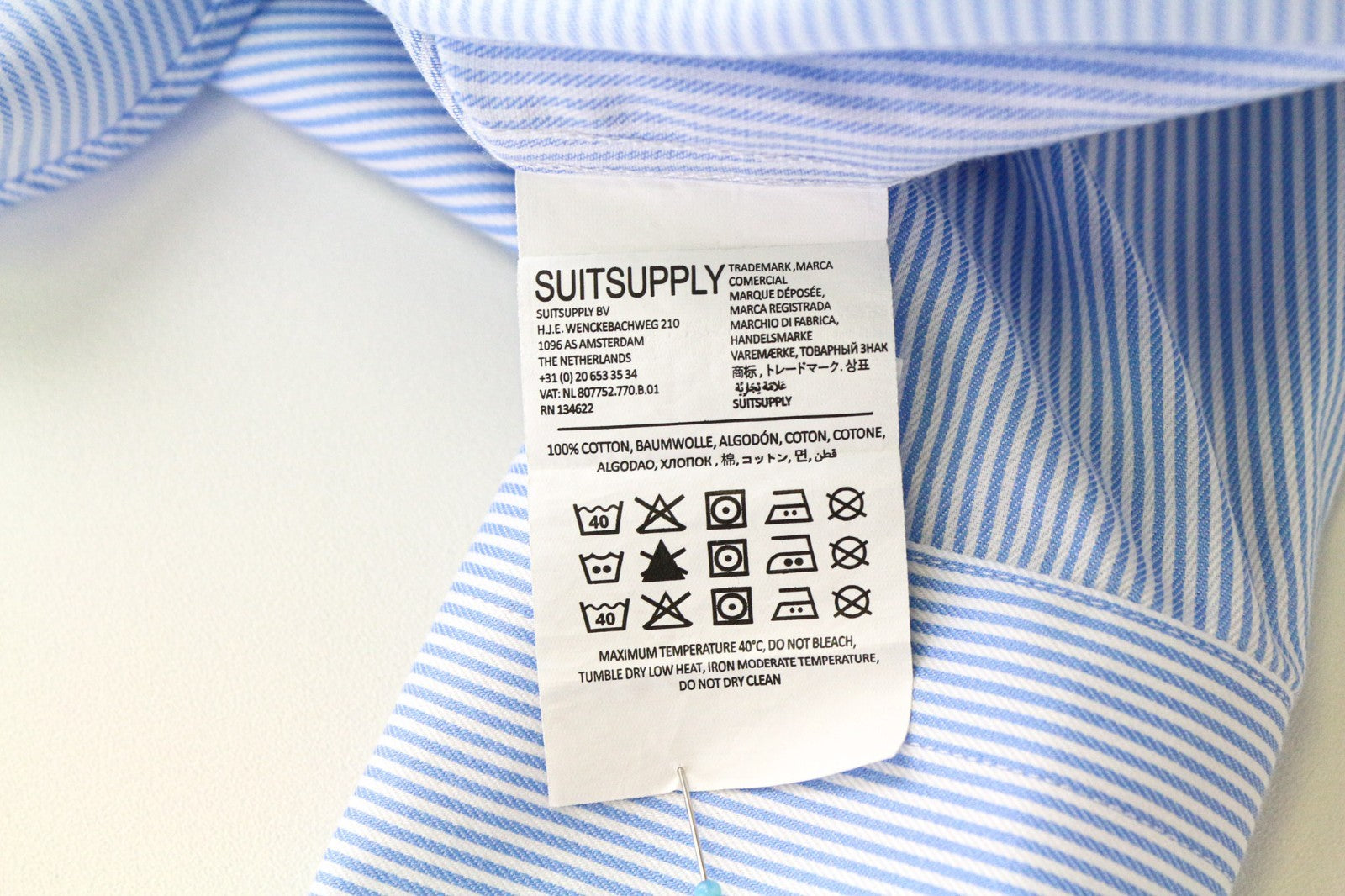SUITSUPPLY Traveller Men's Formal Shirt 36/14 Extra Slim Blue Cotton Striped
