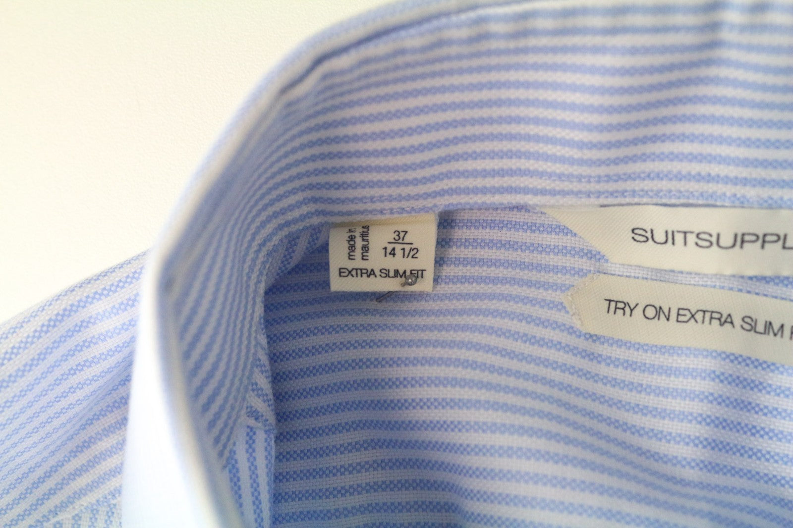 SUITSUPPLY Men's Formal Shirt 37/14 1/2 Extra Slim Light Blue Cotton Striped