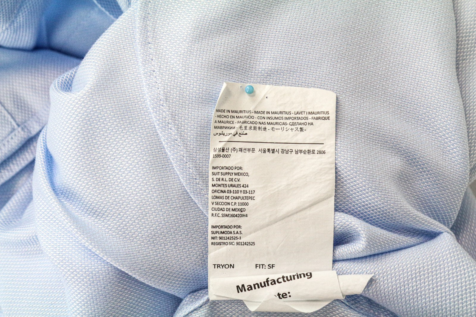 SUITSUPPLY Men's Formal Shirt 43-7/17L Slim Blue Pure Cotton Long Sleeve Twill