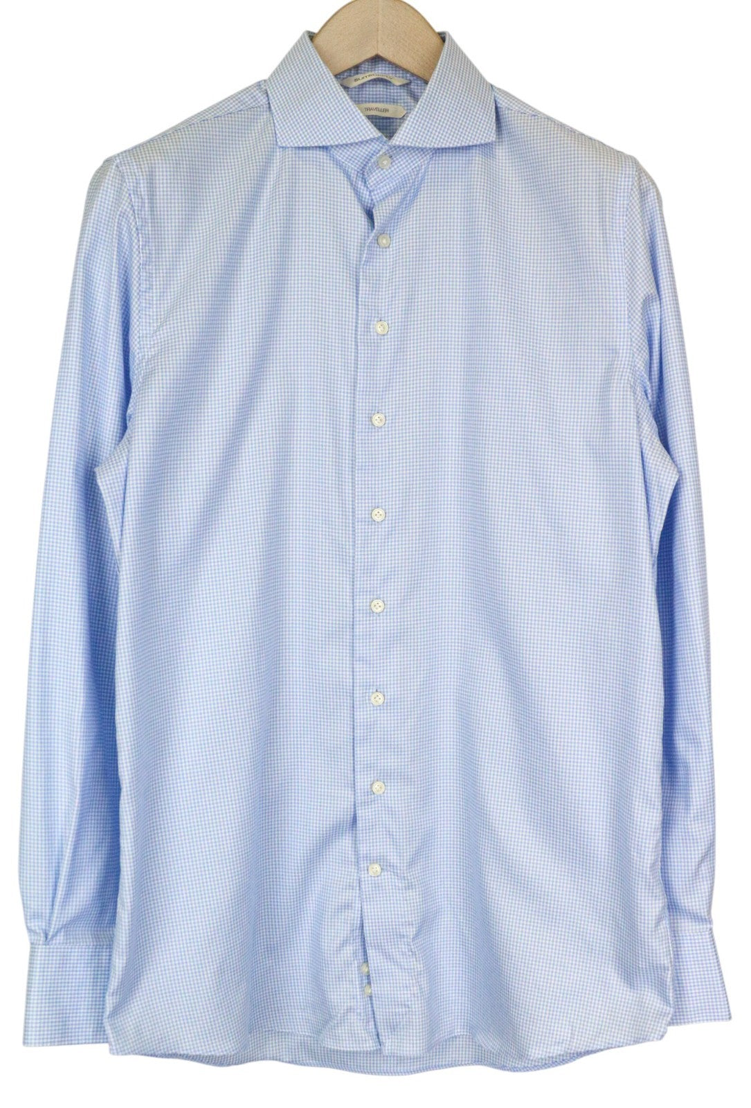 SUITSUPPLY Traveller Men's Formal Shirt 41 Extra Slim Blue Cotton Checked Sleeve