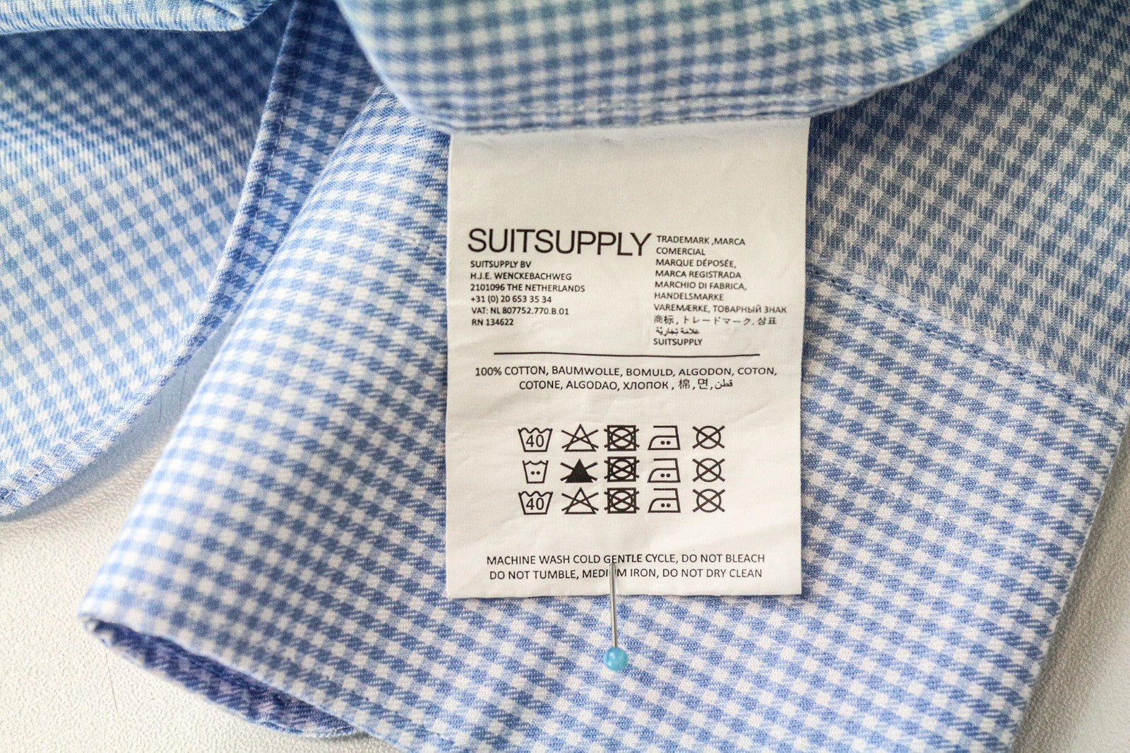 SUITSUPPLY Traveller Men's Formal Shirt 41 Extra Slim Blue Cotton Checked Sleeve