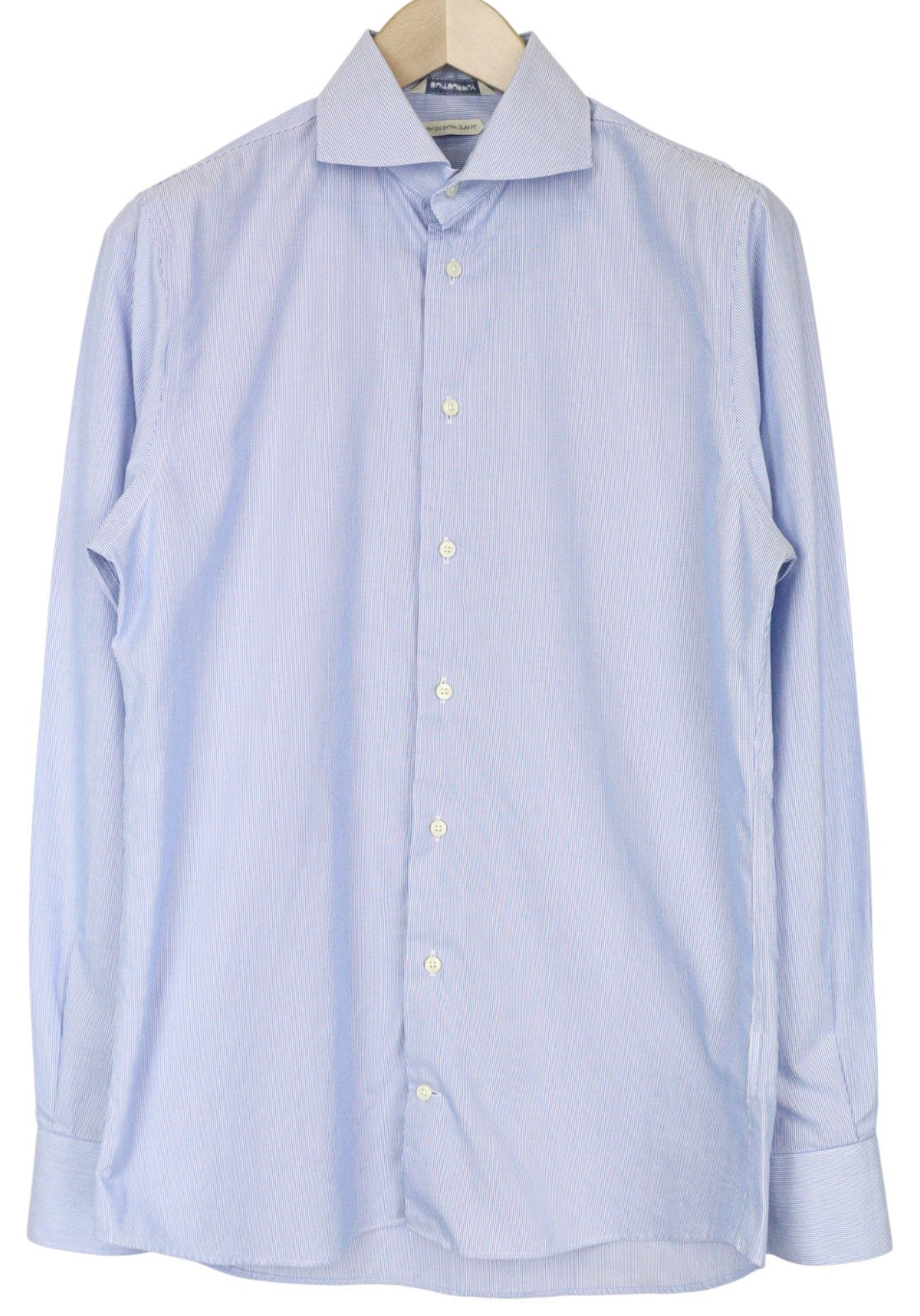 SUITSUPPLY Men's Formal Shirt 40/15 3/4 Extra Slim Blue Cotton Striped Classic