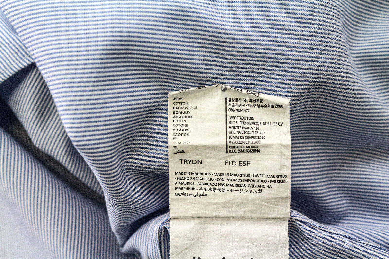 SUITSUPPLY Men's Formal Shirt 40/15 3/4 Extra Slim Blue Cotton Striped Classic