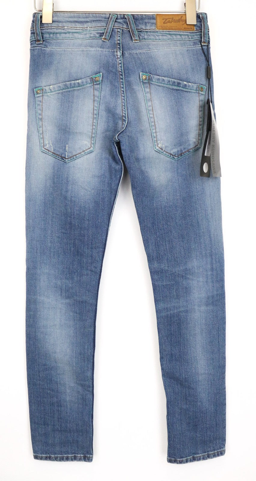 TAKESHY KUROSAWA TK75 vyriški džinsai W30 mėlyni, apdriskę, ploni, tamprūs, su sagomis 