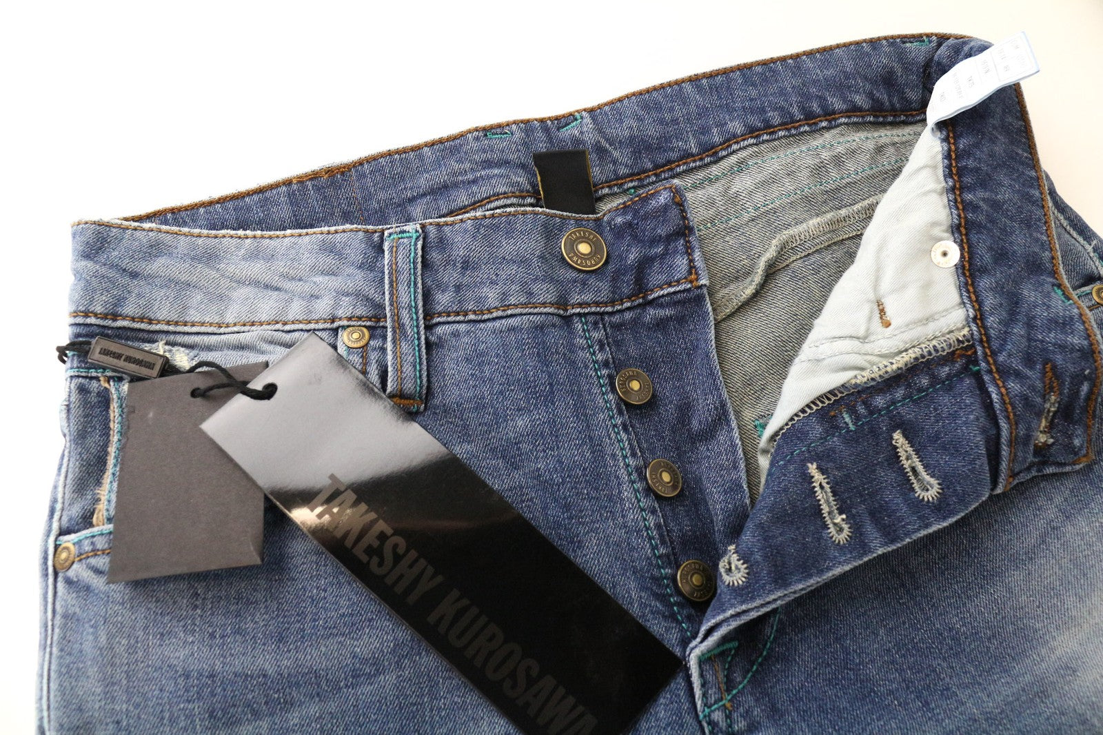 TAKESHY KUROSAWA TK75 vyriški džinsai W30 mėlyni, apdriskę, ploni, tamprūs, su sagomis 