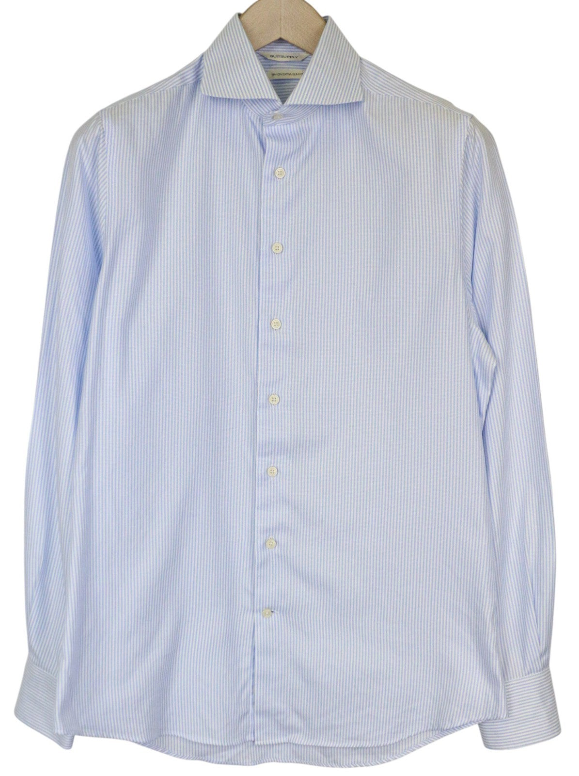 SUITSUPPLY Men's Formal Shirt 39/15 1/2 Extra Slim Blue Cotton Striped Sleeve