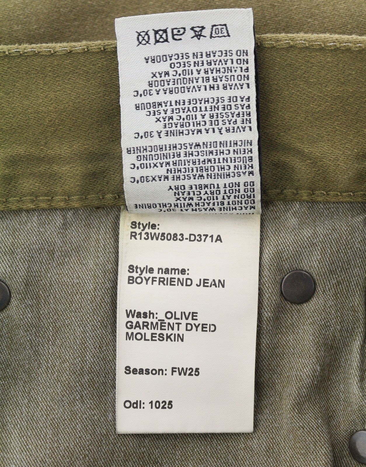 R13 Boyfriend Women Jeans 30 Olive Garment Dyed Moleskin Cropped Faded FW25