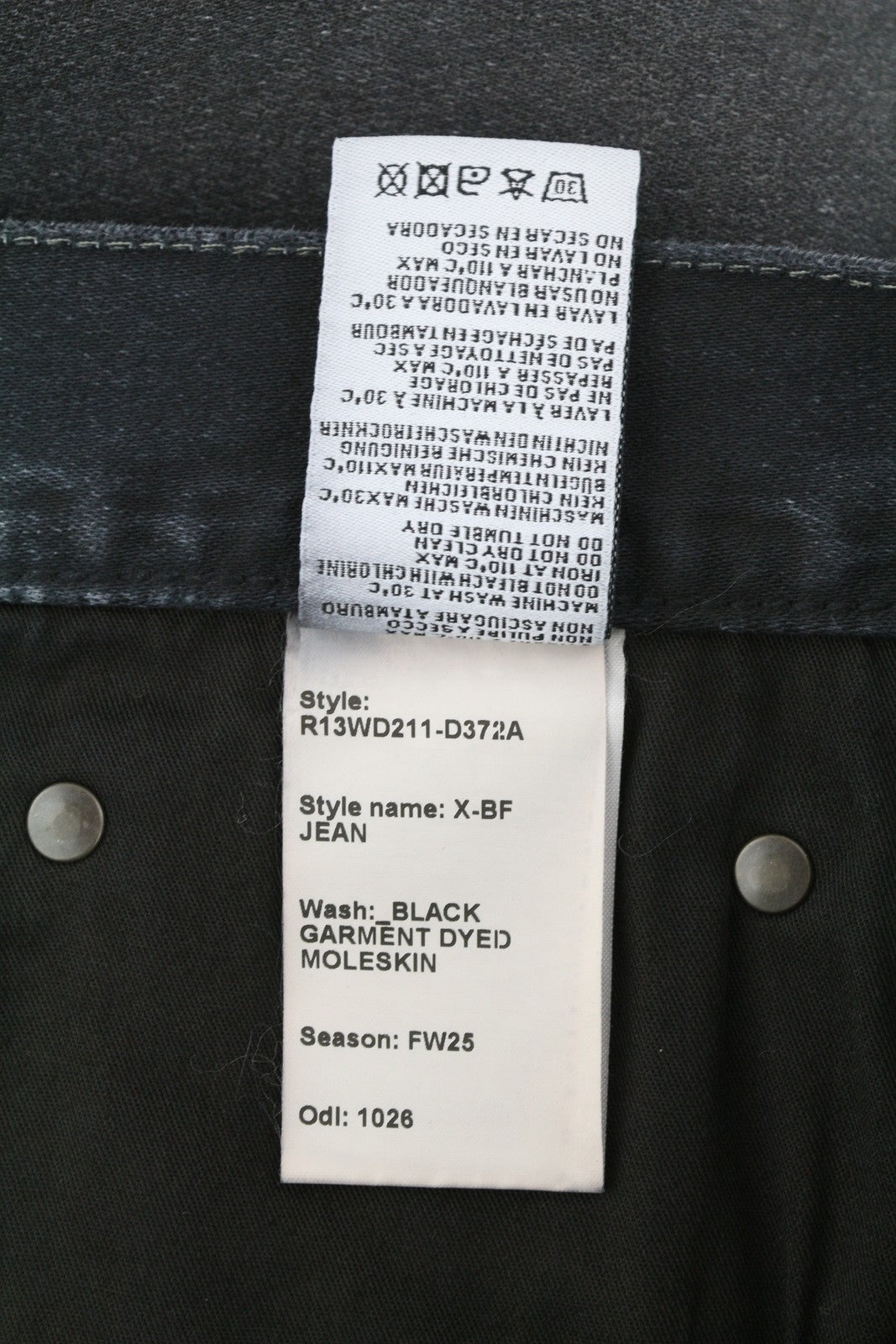 R13 X-BF Women Jeans 26 Black Garment Dyed Moleskin Cropped Zip Fly Denim FW25