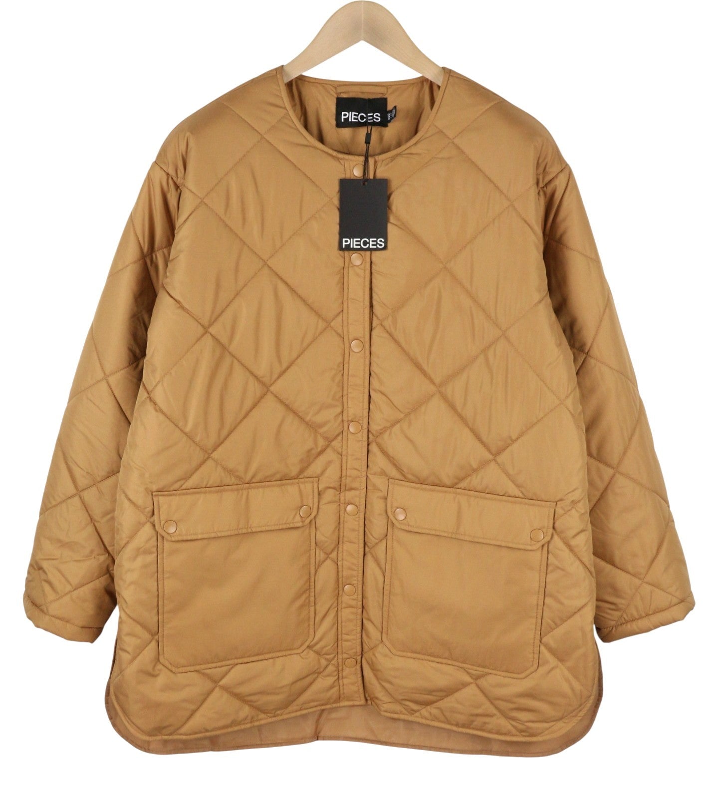 PIECES Key Light Padded Women Jacket XL Brown Quilted Padded Snap Buttons