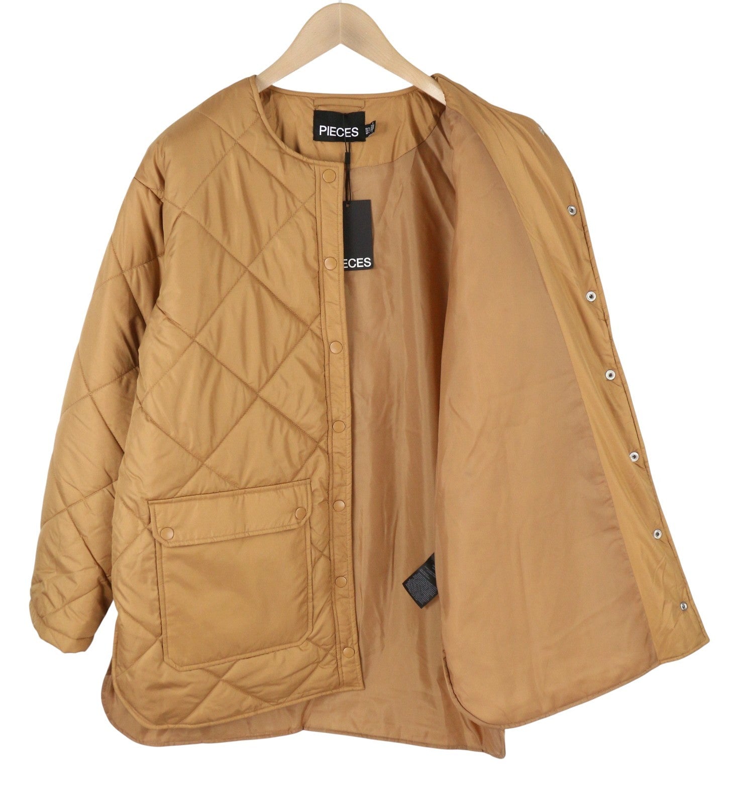 PIECES Key Light Padded Women Jacket XL Brown Quilted Padded Snap Buttons