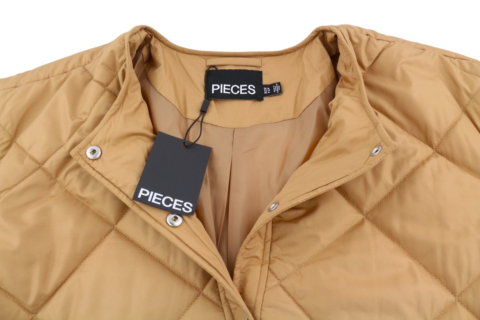 PIECES Key Light Padded Women Jacket XL Brown Quilted Padded Snap Buttons