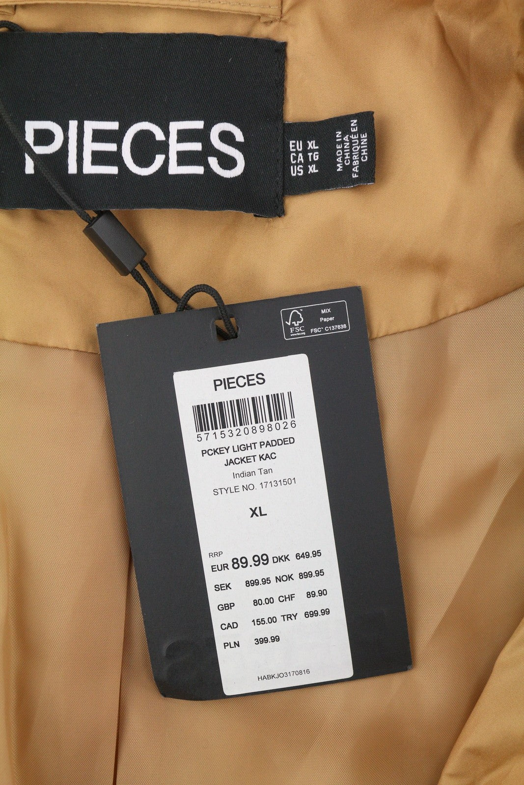 PIECES Key Light Padded Women Jacket XL Brown Quilted Padded Snap Buttons