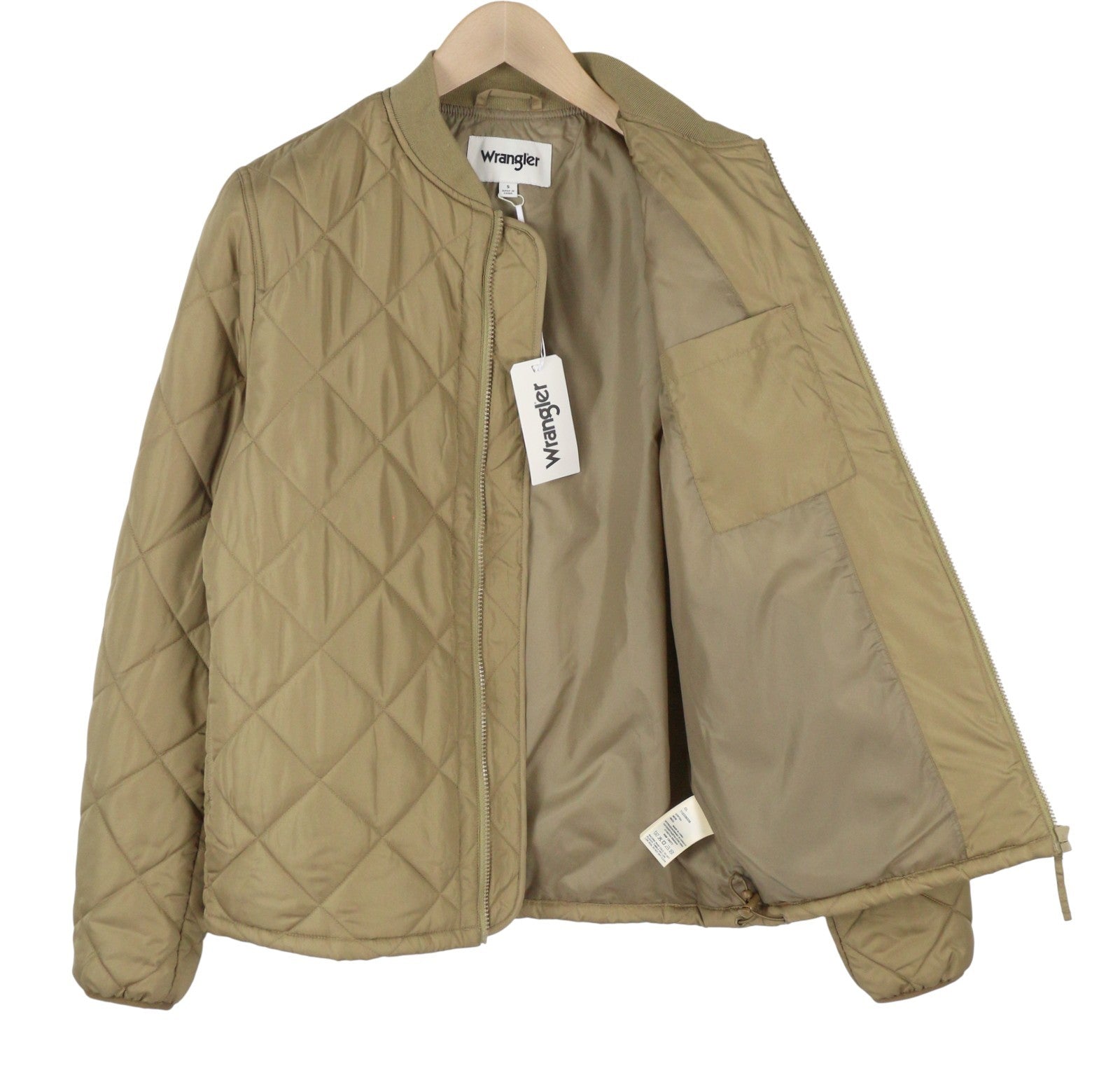 WRANGLER Men Jacket S Beige Quilted Padded Full Zip Lined Bomber