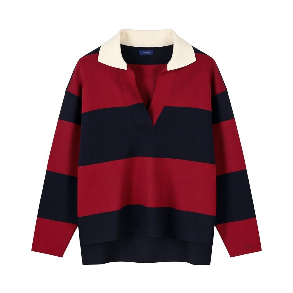 GANT Women Jumper XS Red Wool Blend Knit Striped V-Neck Oversized Pullover