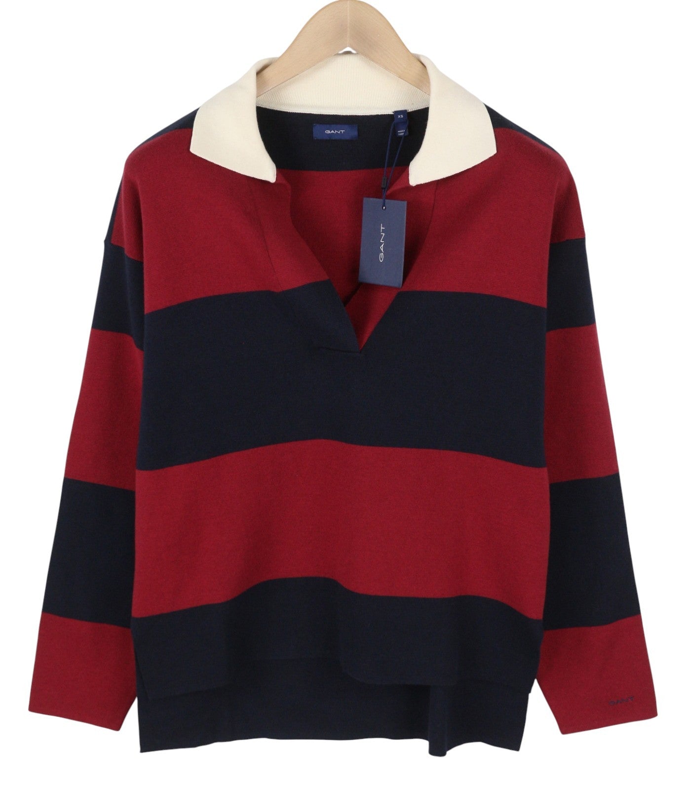 GANT Women Jumper XS Red Wool Blend Knit Striped V-Neck Oversized Pullover
