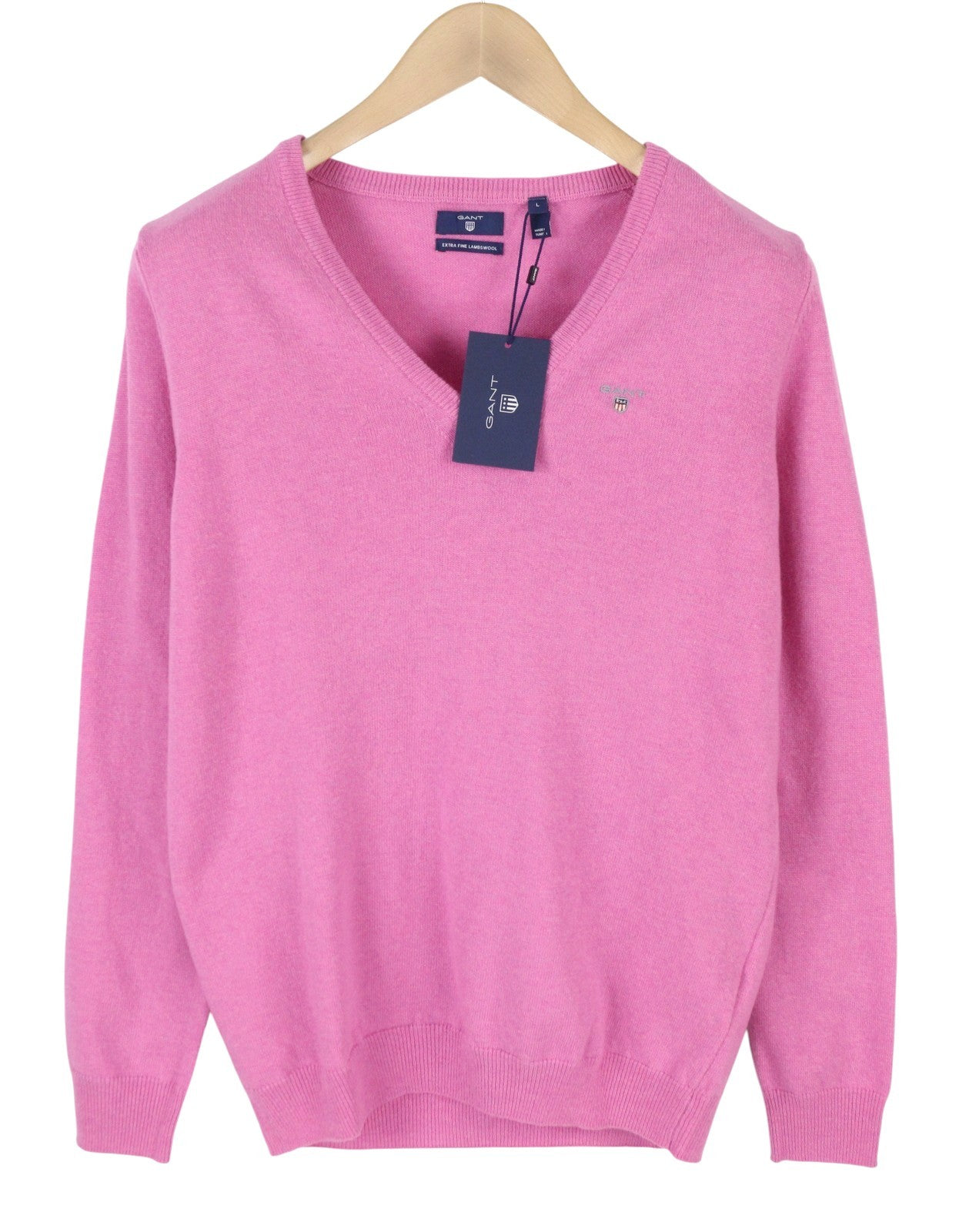 GANT Extrafine Lambswool V-Neck Women Jumper L Light Fuchsia Knit Pullover