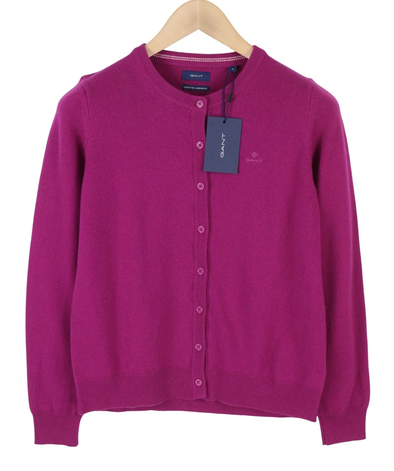GANT Superfine Lambswool Crew Cardigan Women Jumper S Orchid Purple Tight-Knit