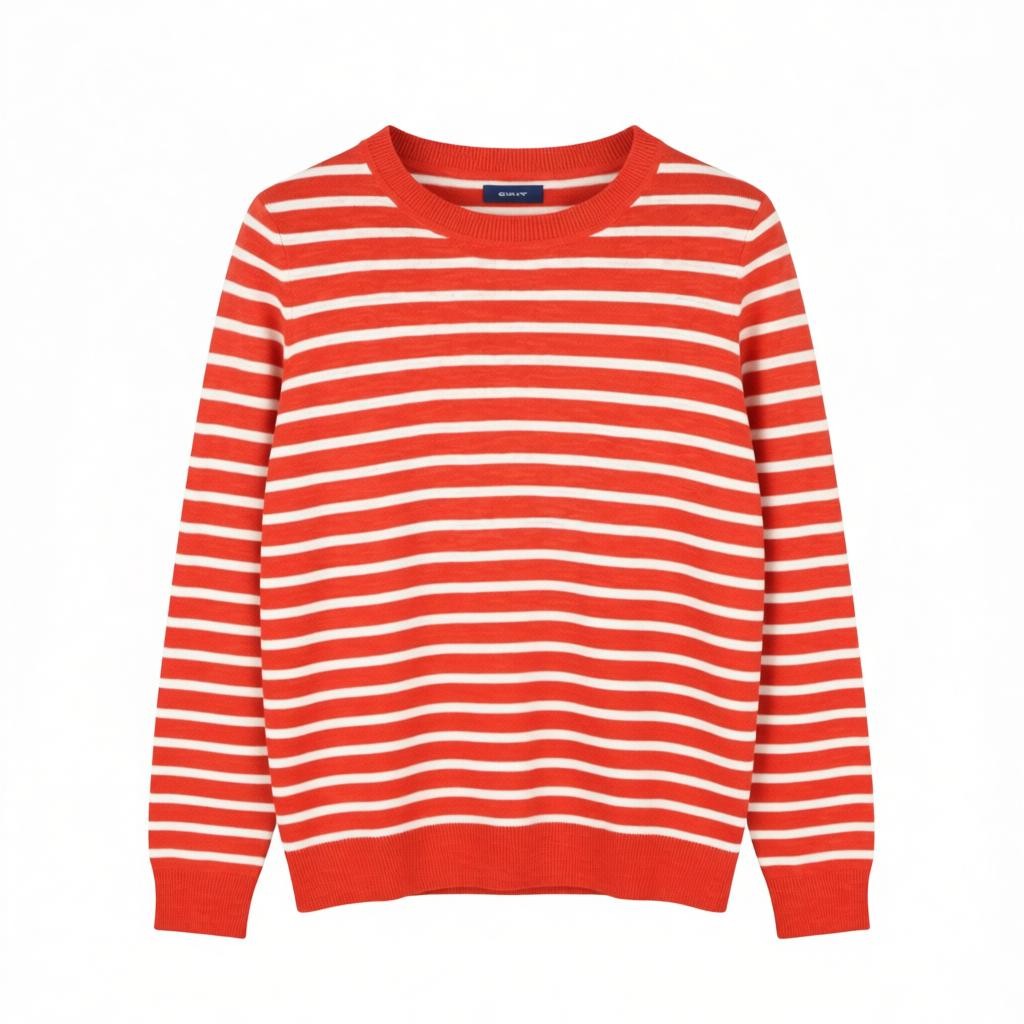 GANT Breton Stripe Crew Women Jumper XS Blood Orange Linen Blend Pullover