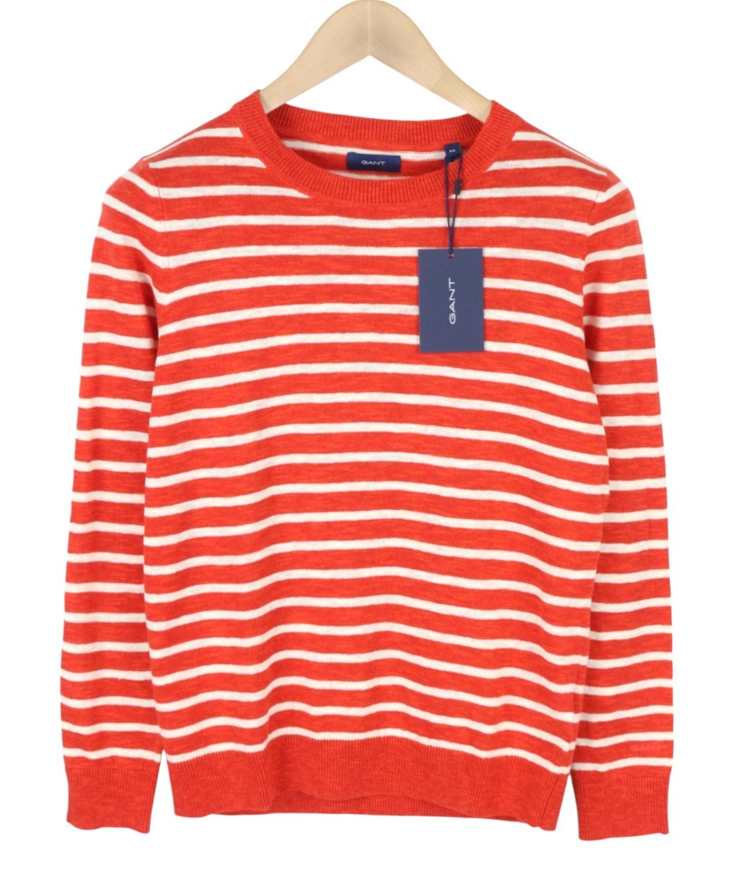 GANT Breton Stripe Crew Women Jumper XS Blood Orange Linen Blend Pullover