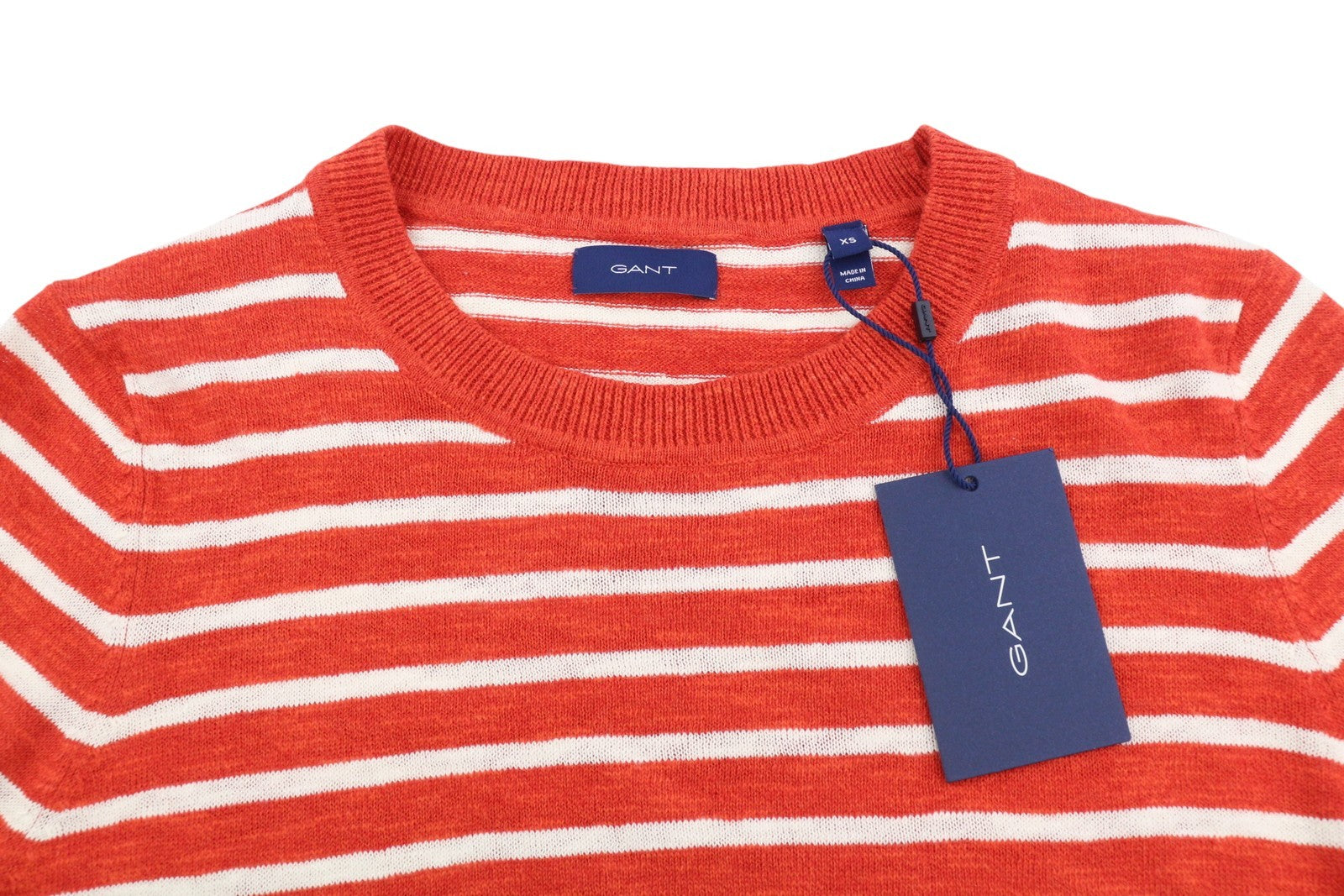 GANT Breton Stripe Crew Women Jumper XS Blood Orange Linen Blend Pullover