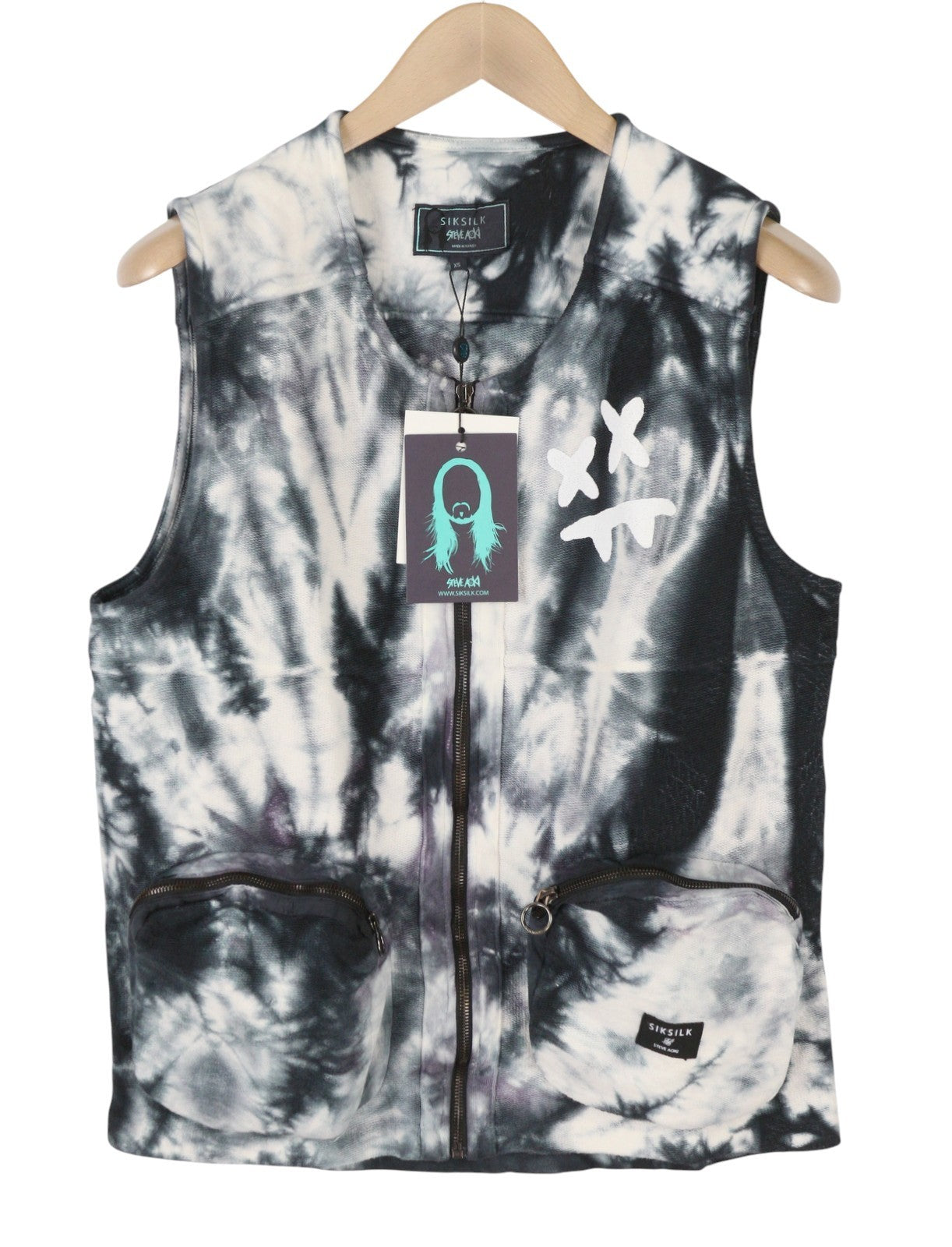 SIKSILK x Aoki Utility Men Waistcoat XS Tie Dye Black White Patch Pocket Vest