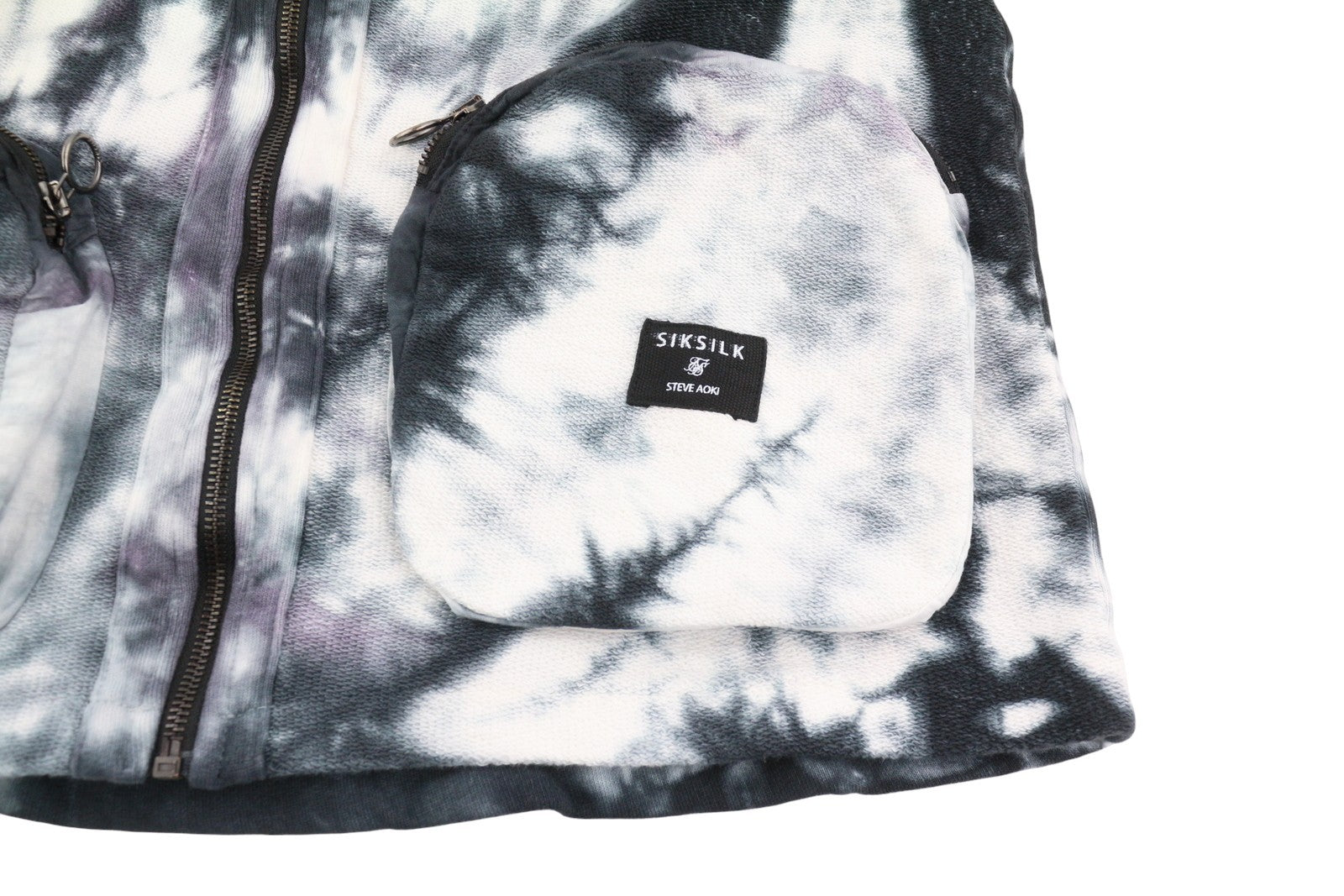 SIKSILK x Aoki Utility Men Waistcoat XS Tie Dye Black White Patch Pocket Vest