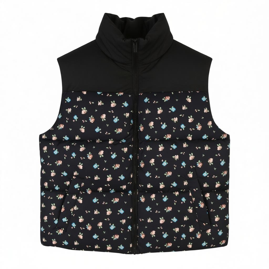 VILA Maja High Neck Women Waistcoat EU42 Black Floral Print Quilted Padded Vest