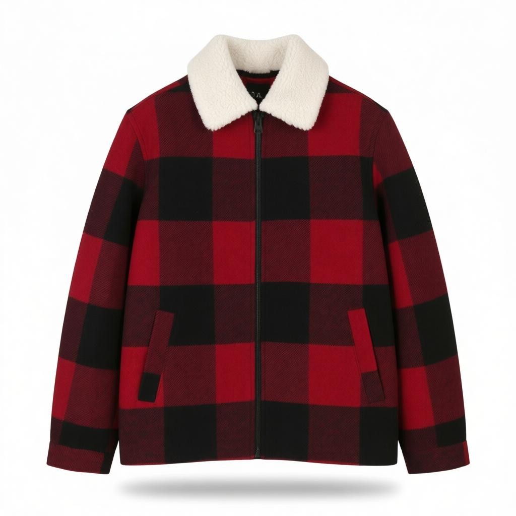 ONLY & SONS Ron Check Men Coat S Red Wool Blend Plaid Sherpa Neck Full Zip