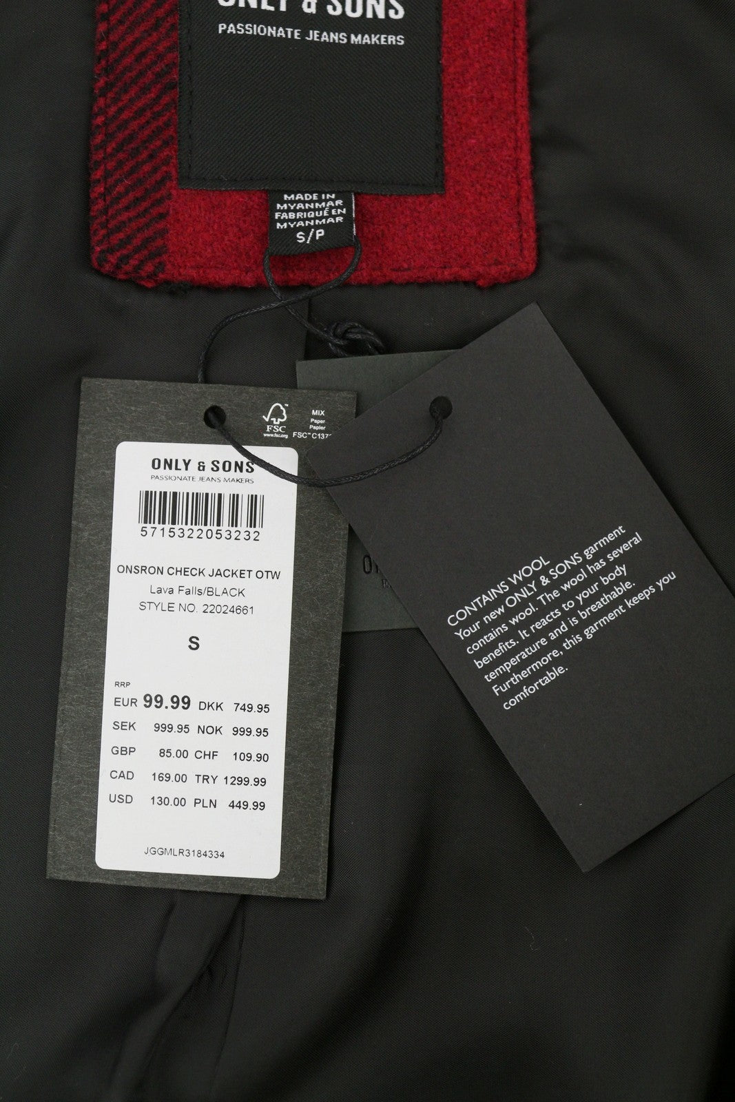 ONLY & SONS Ron Check Men Coat S Red Wool Blend Plaid Sherpa Neck Full Zip