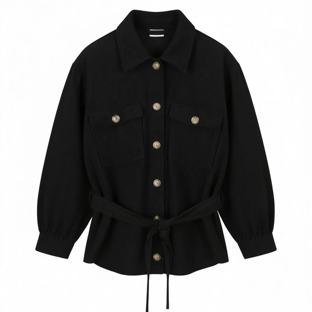 VILA Heart Tie Belt Women Jacket EU44 Black Corduroy Button-Up Spread Overshirt