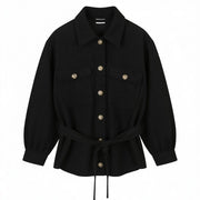 VILA Heart Tie Belt Women Jacket EU44 Black Corduroy Button-Up Spread Overshirt