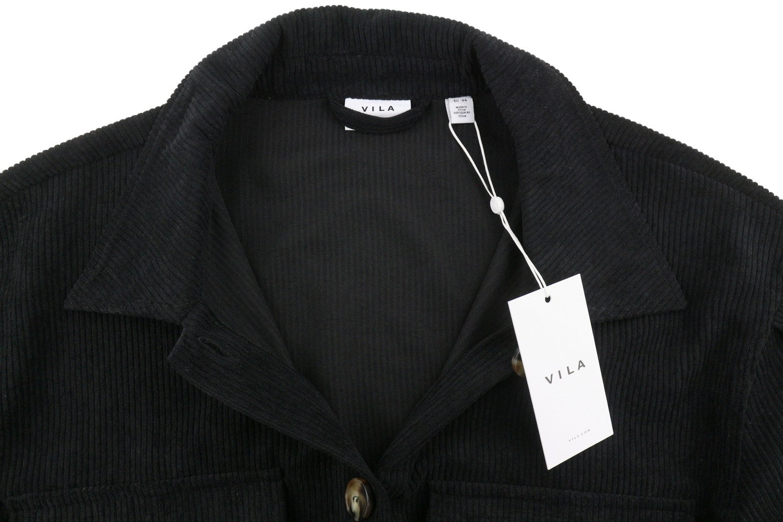 VILA Heart Tie Belt Women Jacket EU44 Black Corduroy Button-Up Spread Overshirt