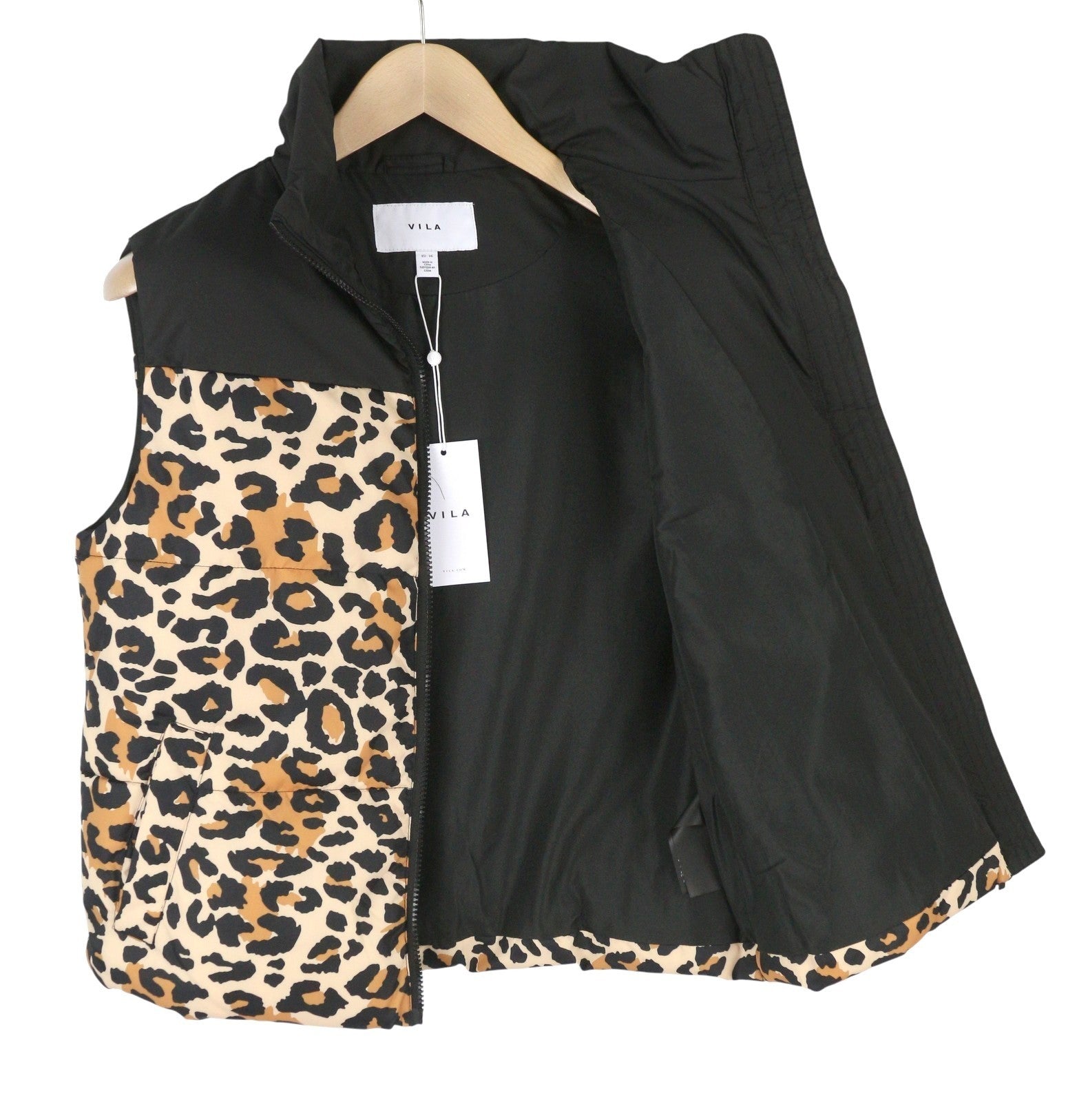 VILA Maja High Neck Women Waistcoat EU44 Black Leopard Print Quilted Padded