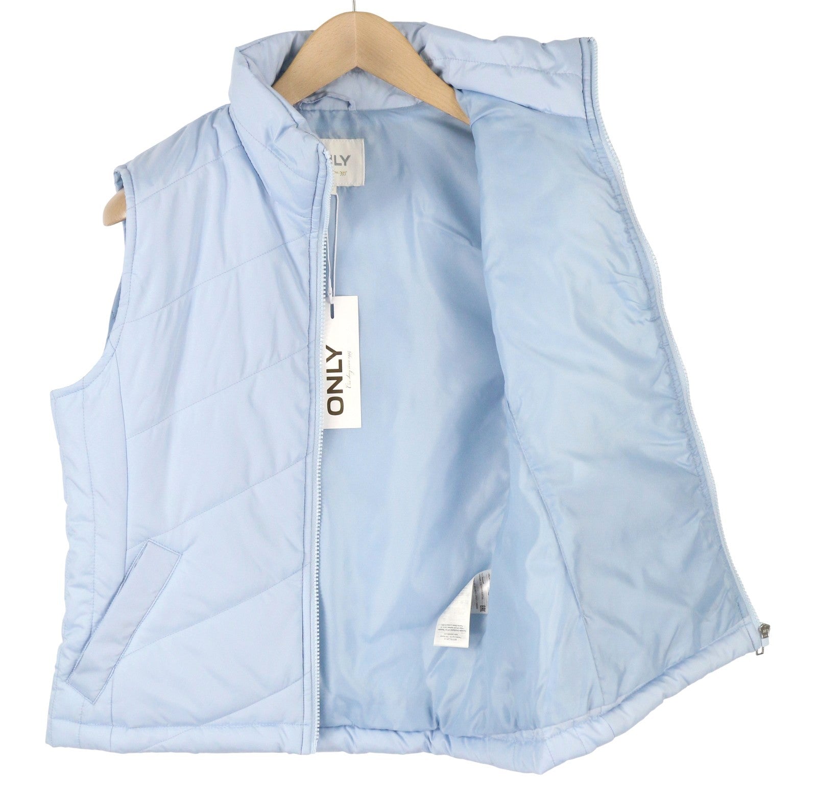 ONLY Nicole Quilt Women Waistcoat S Light Blue Padded High Neck Full Zip Vest