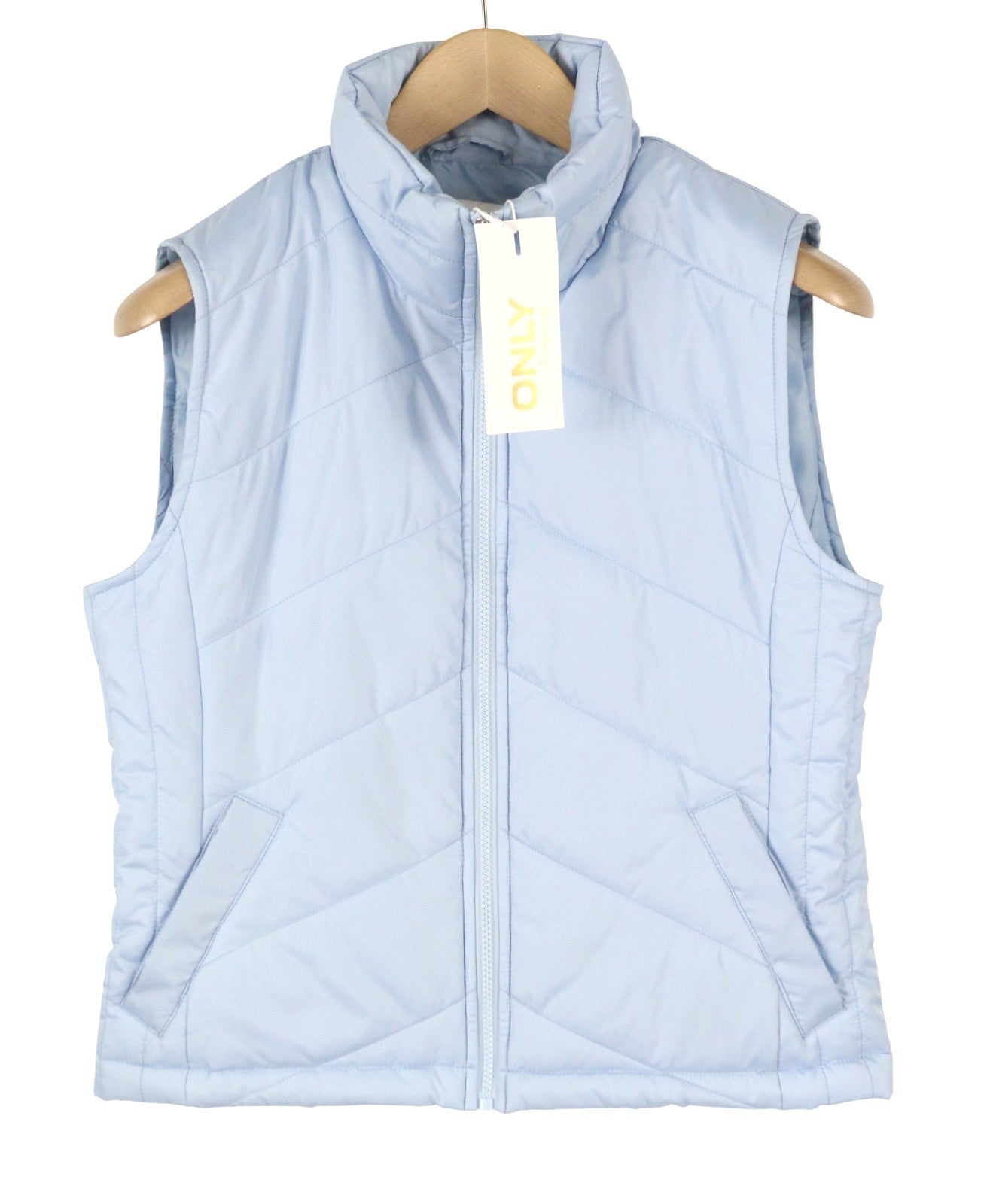 ONLY Nicole Quilt Women Waistcoat S Light Blue Padded High Neck Full Zip Vest