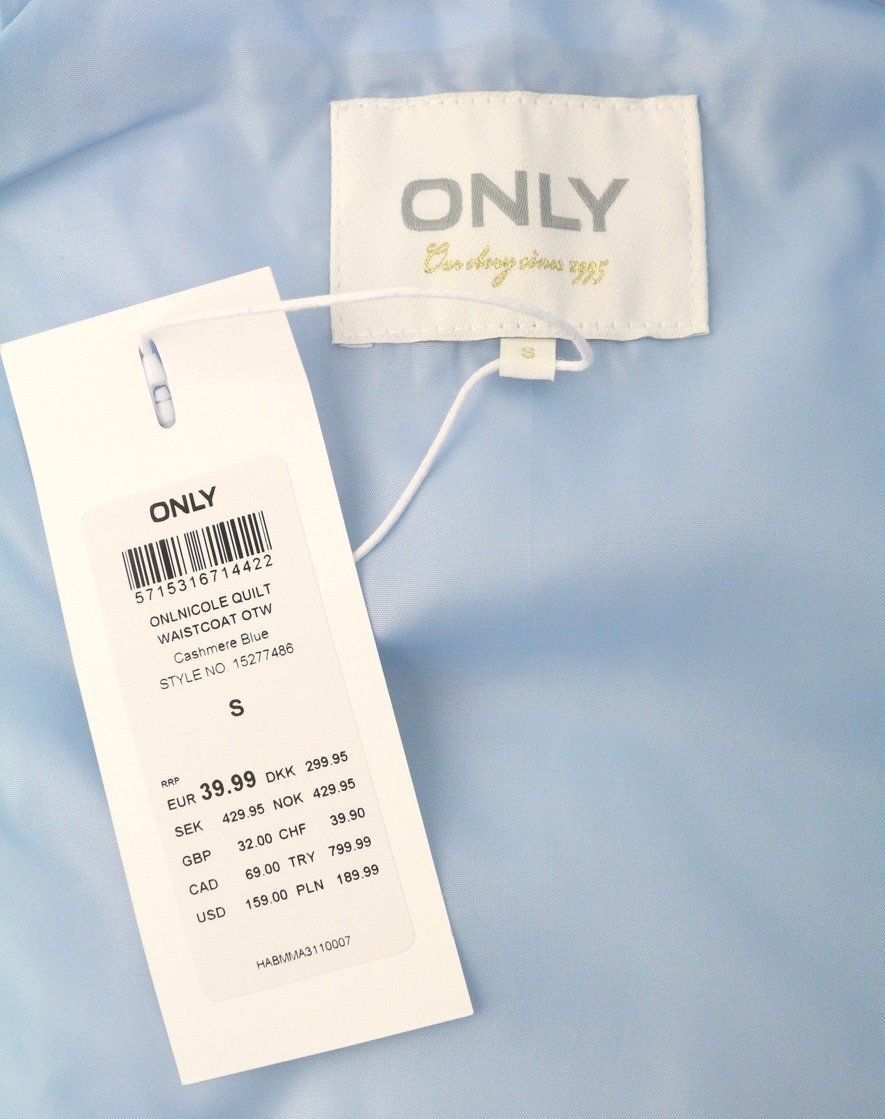 ONLY Nicole Quilt Women Waistcoat S Light Blue Padded High Neck Full Zip Vest