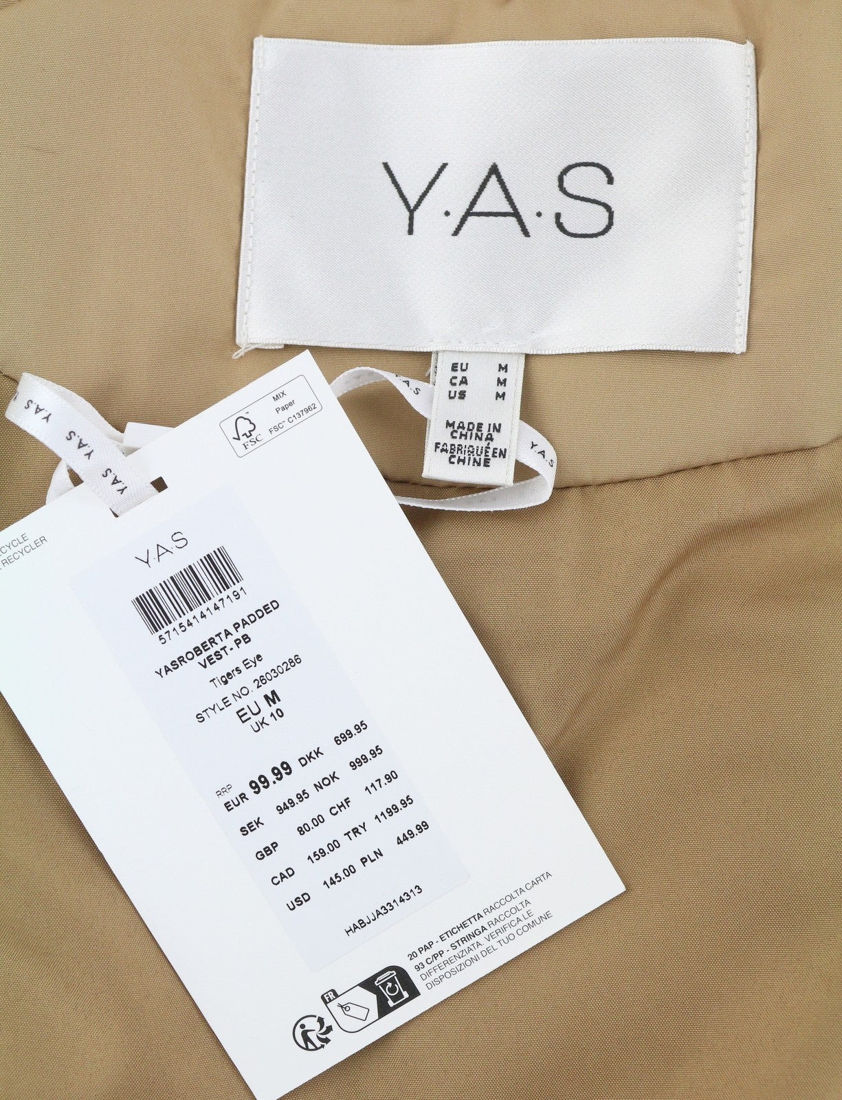 YAS Roberta Padded Women Waistcoat M Brown Quilted High Neck Full Zip Vest