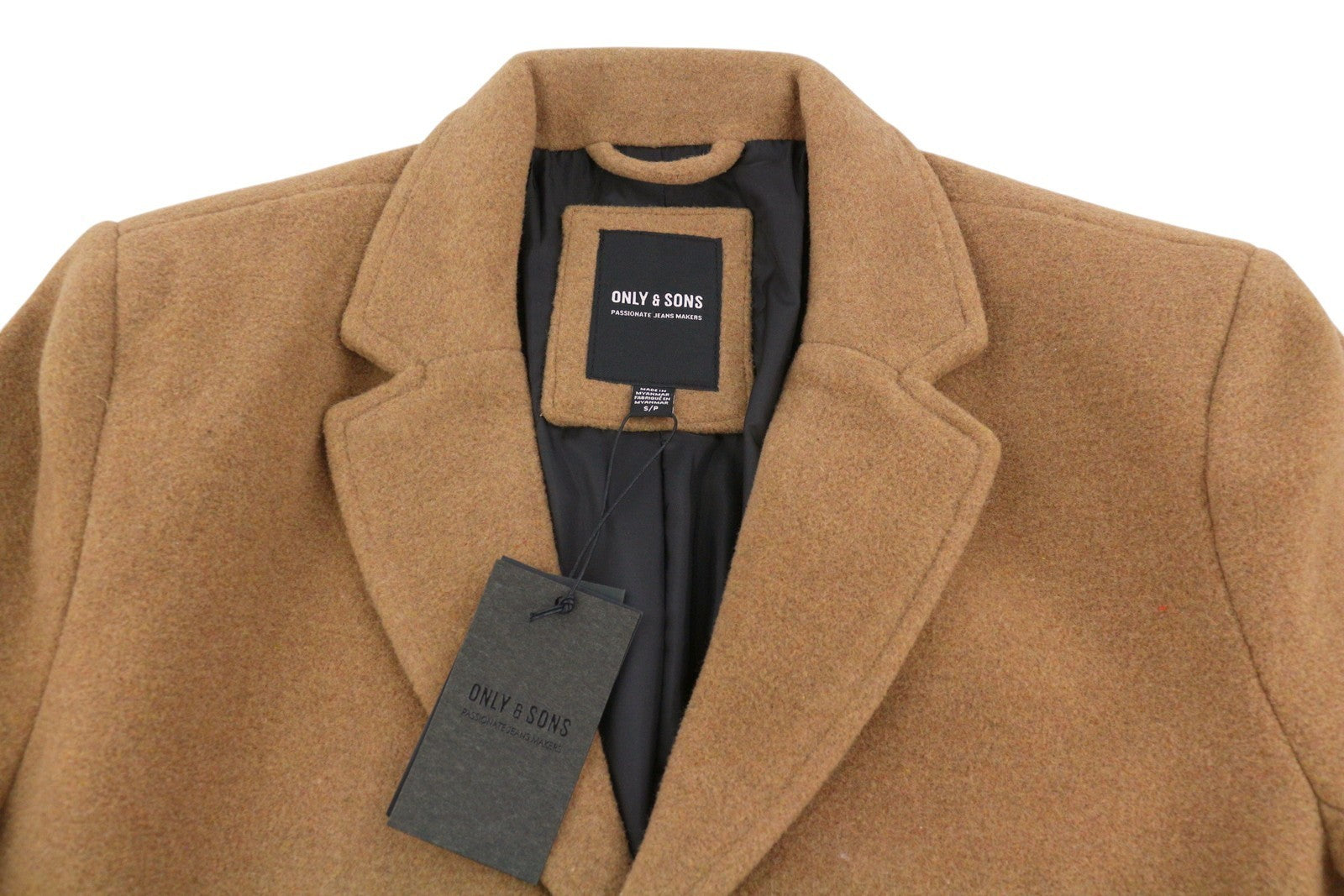 ONLY & SONS Justin Wool Men Coat S Brown Melange Button-Up Notch Mid-Length