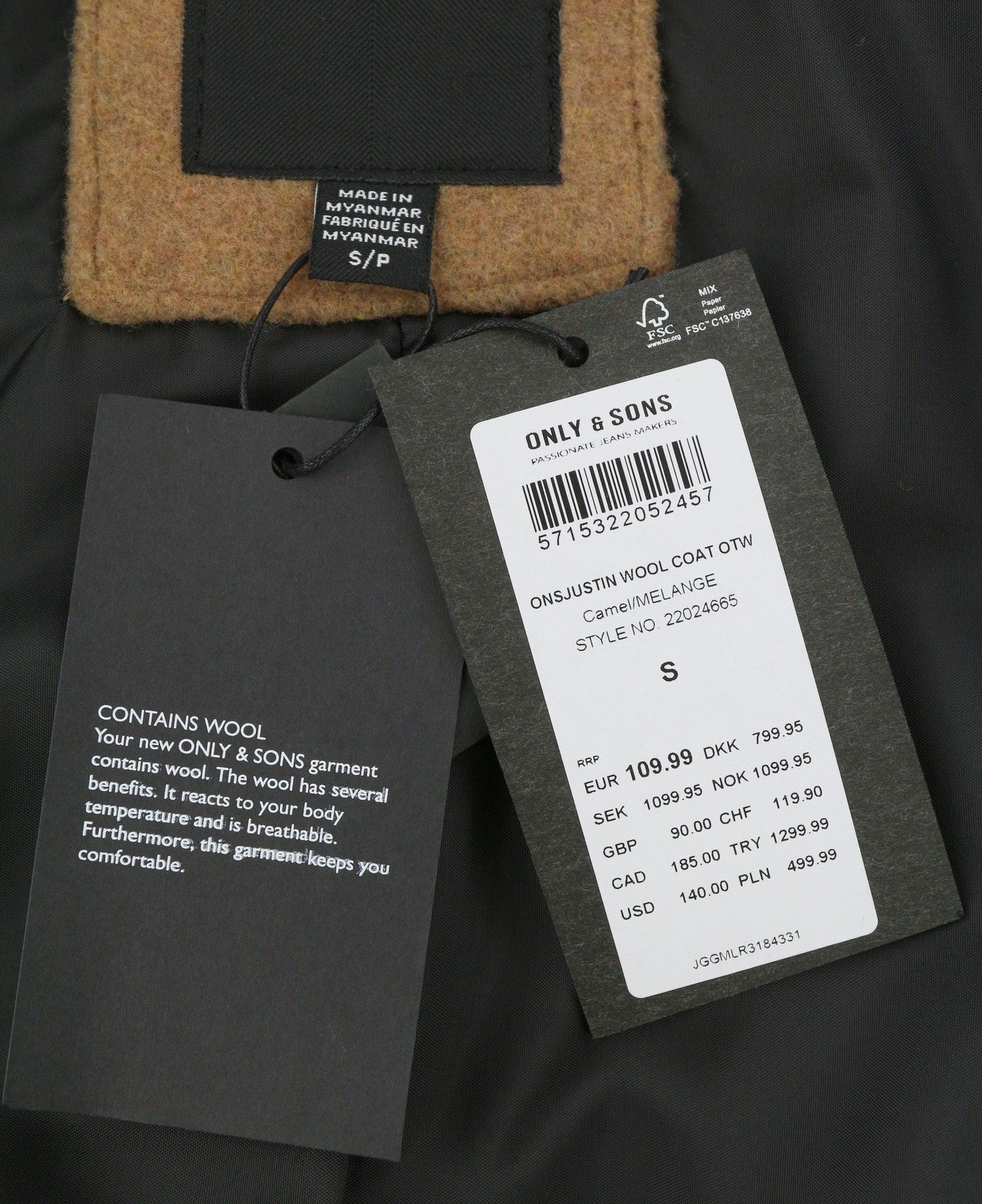 ONLY & SONS Justin Wool Men Coat S Brown Melange Button-Up Notch Mid-Length