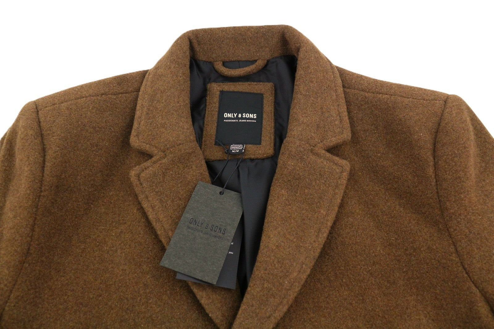 ONLY & SONS Justin Wool Men Coat M Brown Melange Button-Up Notch Mid-Length