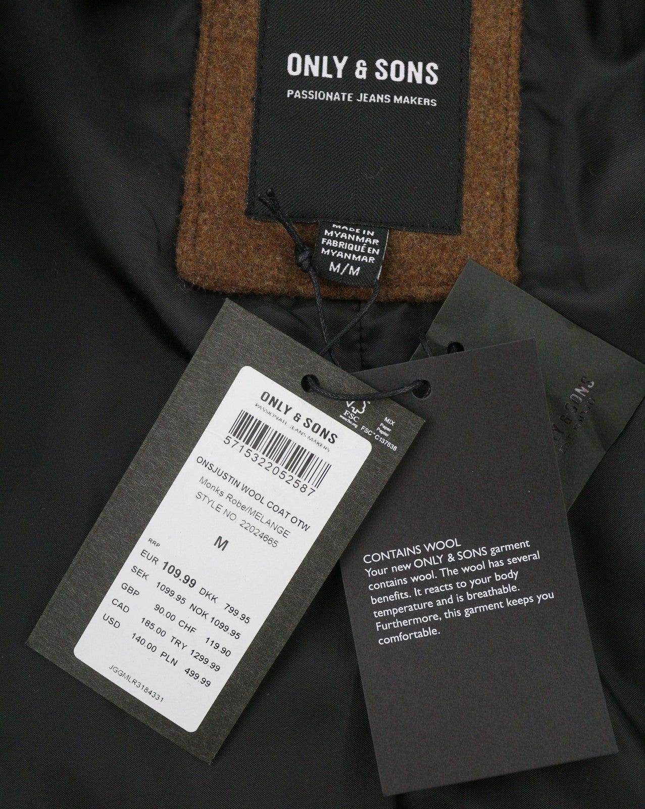 ONLY & SONS Justin Wool Men Coat M Brown Melange Button-Up Notch Mid-Length