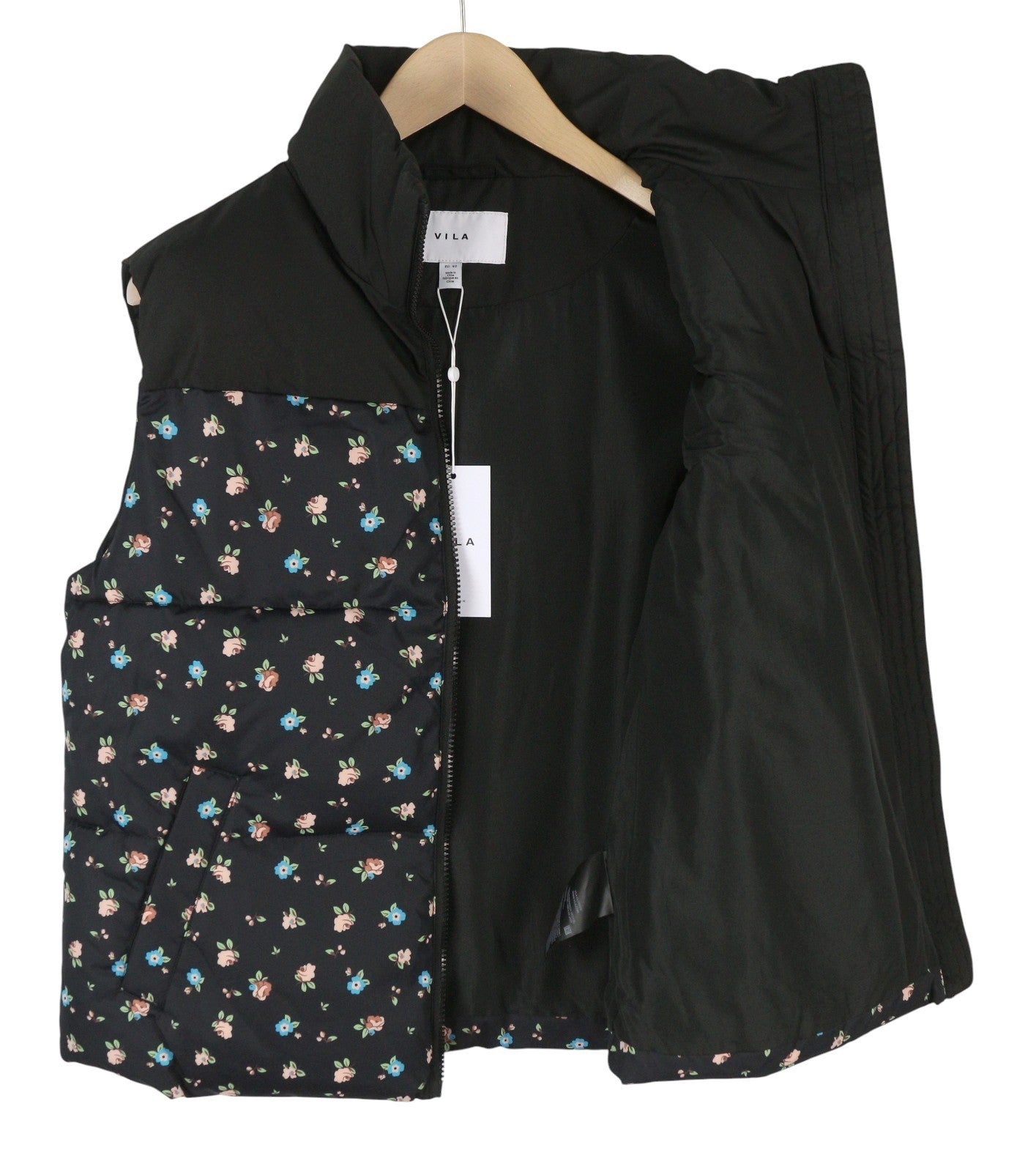VILA Maja High Neck Women Waistcoat EU40 Black Floral Print Quilted Padded Vest