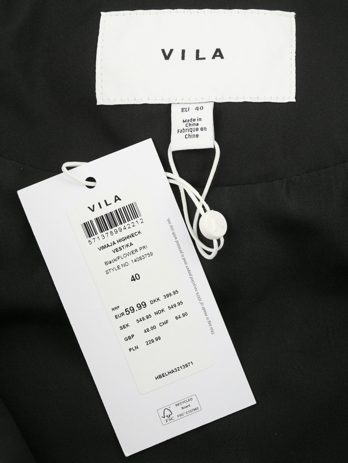 VILA Maja High Neck Women Waistcoat EU40 Black Floral Print Quilted Padded Vest