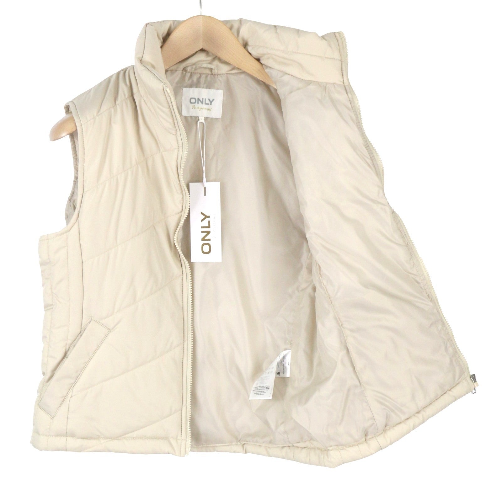 ONLY Nicole Quilt Women Waistcoat S Beige Padded High Neck Full Zip Vest