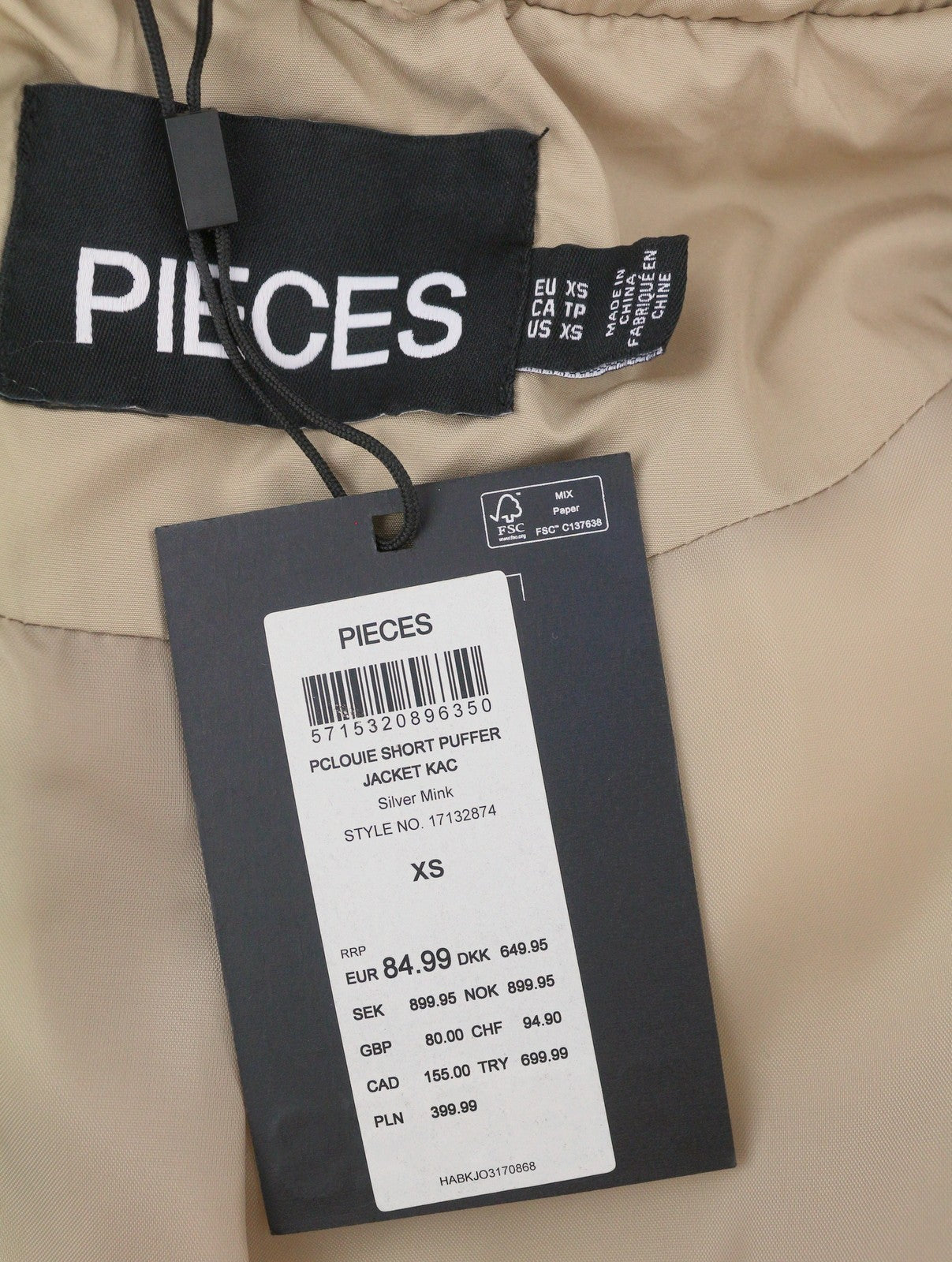 PIECES Louie Short Puffer Women Jacket XS Silver Mink Padded Quilted Hooded Zip