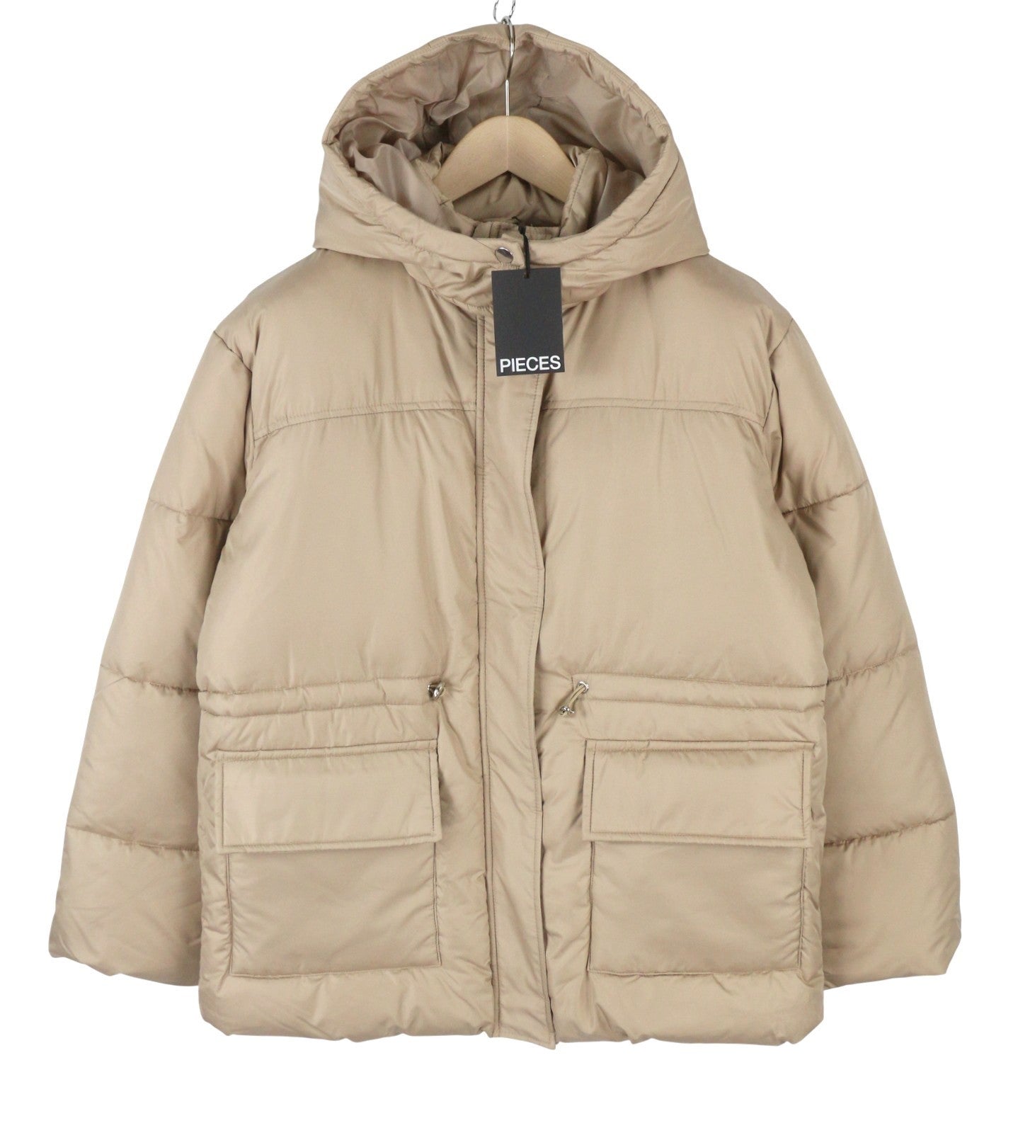 PIECES Louie Short Puffer Women Jacket S Silver Mink Padded Quilted Hooded Zip