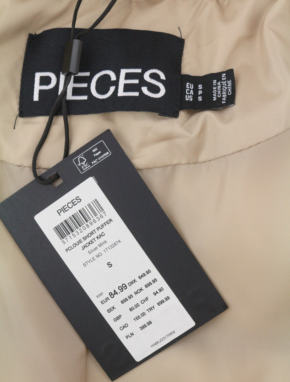 PIECES Louie Short Puffer Women Jacket S Silver Mink Padded Quilted Hooded Zip